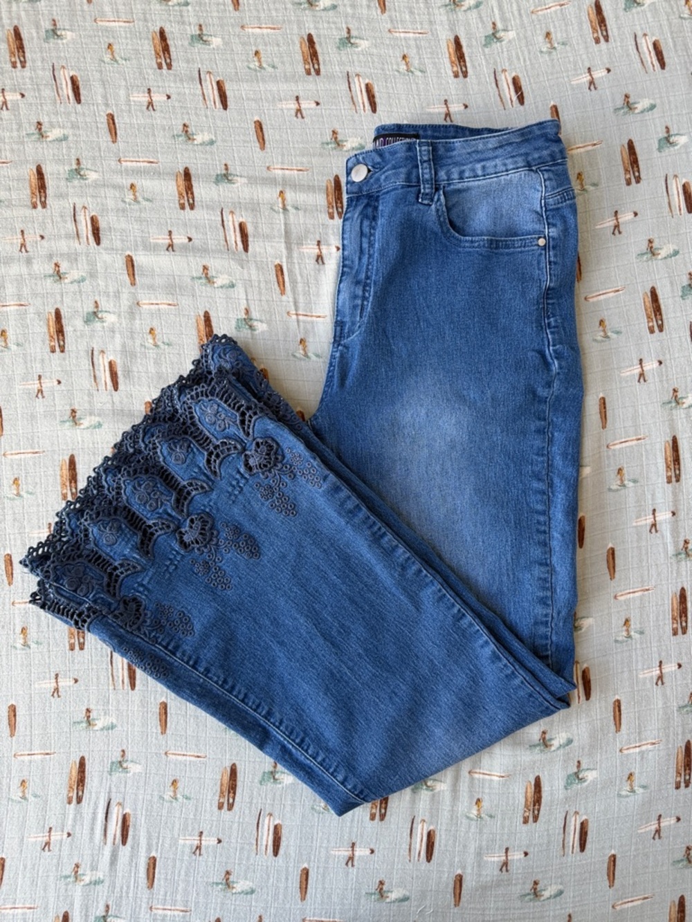 The Pyramid Collection Blue Denim Jeans with Crochet Bottoms
